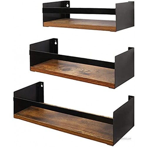 Giftgarden Black Floating Shelves for Wall Set of 3 Industrial Thick Wall Shelf with Iron Rails Brackets for Storage Bathroom Kitchen Bedroom Living Room Plant Nursery Books Laundry