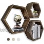 MRGL Hexagon Floating Shelves Set of 3 Honeycomb Shelves Wall Mounted Geometric Hexagon Shelves Natural Wood Includes All Hanging Hardware Rustic Brown