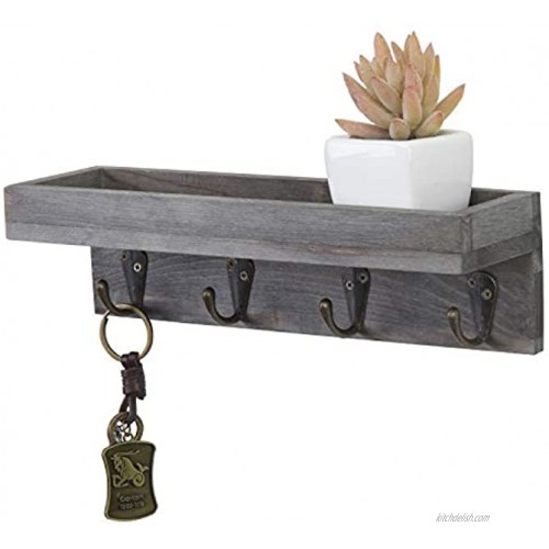 MyGift Floating Shelf Vintage Grey Wood Wall Mounted Entryway or Office Shelves with 4 Antique Metal Hooks