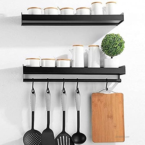 Xabitat No Drill Adhesive Wall Mounted Spice Rack with 6 Removable Hangers 16 | Durable Washable Heavy Duty Metal Floating Kitchen Shelves | Modern Home and Bathroom Decor | Set of 2 | Black