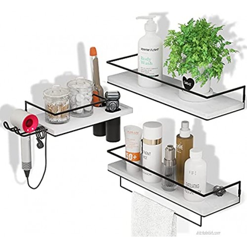 ZGO Floating Shelves for Wall Set of 3 Wall Mounted Storage Shelves with Metal Frame Toothbrush Holder Hair Dryer Holder and Towel Rack for Bathroom Kitchen BedroomWhite