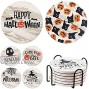 6Pcs Funny Coasters for Drinks Absorbent with Holder,Halloween Pattern Coasters with Cork Base,Round Ceramic Funny Coaster Set for Wooden Table,Bar,Housewarming Gifts,Holiday Party
