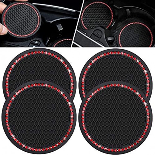CALBEAU Car Cup Holder Coasters 4 Pack Red Bling Crystal Rhinestone 2.75 Inch Auto Cup Holder Insert Mat Pad Set Fit for Most Vehicles & Home Daily Use for Women Birthday Valentine's Day Gift