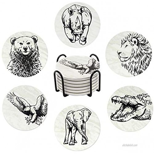 Coasters for Drinks | 6-pcs Drink Coaster Set with Holder | Absorbent Coasters | Water Absorbent Ceramic Coasters Cork Base | Animal Coasters for Housewarming Gifts for Table and Bar Decorations