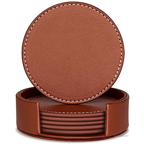 Coasters for Drinks with Holder | Brown Leather Drink Coaster Set of 6 Housewarming Gifts Unique Present for Friends Men Women Birthday Party Home Apartment Kitchen Room Bar Living Room Décor