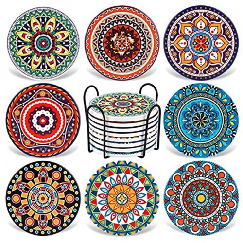 Coasters for Drinks,AODINI Set of 8 Absorbent Stone Coasters for Wooden Table Mandala Ceramic Coasters with Cork Base Gift for Housewarming Birthday and Family Great Home and Dining Room Decor…