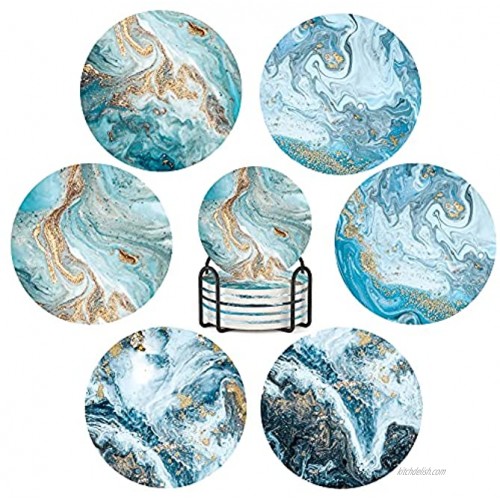 Coasters for Drinks,Marble-Texture Absorbent Coasters with Iron Coaster Holder and Non-Slip Cork Base,Cup Coasters for Table,Beach Thirstystone Coasters,4.06 Funny Coaster Set 6 as Home Decor