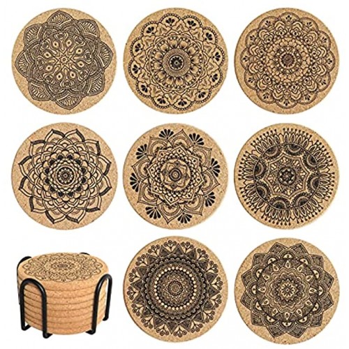 Coomin Cork Coasters 8 Pcs Extra Thick Cork Coasters with Holder Farmhouse Coasters for Coffee Table Wooden Table Heat-Resistant Coasters for Drinks