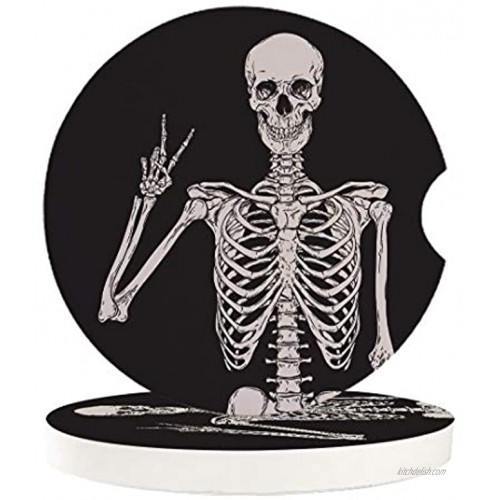 Cup Holders Car Coasters for Women Men 2 Pack Absorbent Ceramic Stone Drinks Coaster Set Funny Skull Skeleton Halloween Victory
