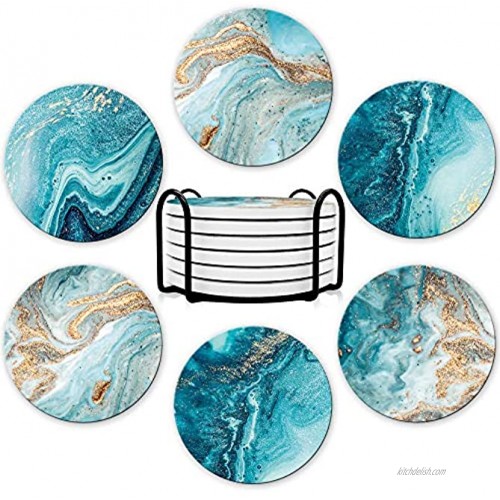 Dooke Coasters for Drinks Round Absorbent Ceramic Stone Coasters Set of 6 with Cork Base Funny Drink Coasters with Holder for Cold Drinks Wine Mugs and Cups Tabletop Protection 4 Inches,Teal Marble