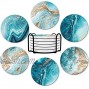 Dooke Coasters for Drinks Round Absorbent Ceramic Stone Coasters Set of 6 with Cork Base Funny Drink Coasters with Holder for Cold Drinks Wine Mugs and Cups Tabletop Protection 4 Inches,Teal Marble