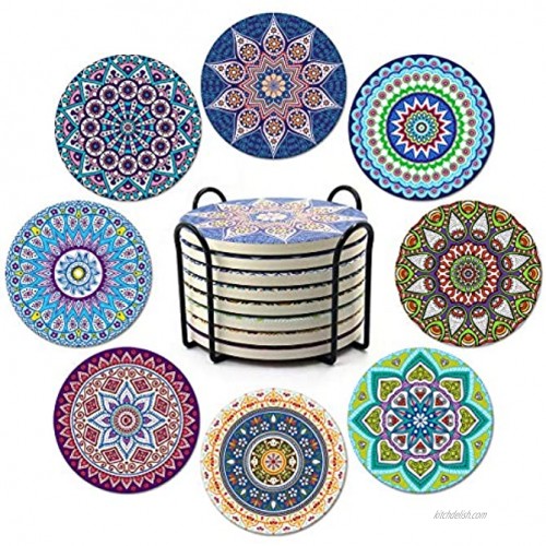 Naipusun Coasters for Drinks,Absorbent Ceramic Stone with Cork Backing Mandala Coaster,Suitable for Kinds of Cups and Mugs,Protect Your Furniture from Spills Scratches Water Rings and Damage Set of 8