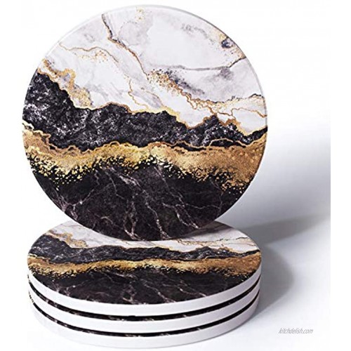 RoomTalks Black and Gold Marble Coasters for Drinks Absorbent 4PCS Modern Abstract Ceramic Coaster Set Cork Back Glitter Faux Metallic Rock Stone Coasters for Wooden Coffee Table Black 4 Pieces