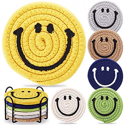 TAOPE Funny Coasters 6 PCS Handmade Braided Drink Coasters for Coffee Wooden Table Super Absorbent Coasters for Drinks Absorbent with Holder Cute Housewarming Gift