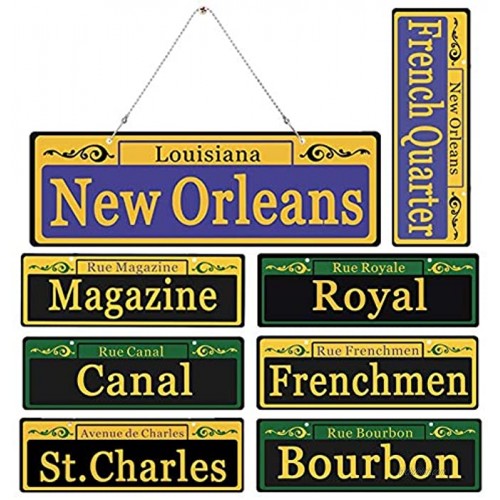 2020 Mardi Gras Decorations New Orleans Street Signs 8 Pack Ornaments 1:1 Size Duplex Printed PVC Made Mardi Gras Party Table Decor with Extra Metal Chain for Outdoor Carnival Hanging