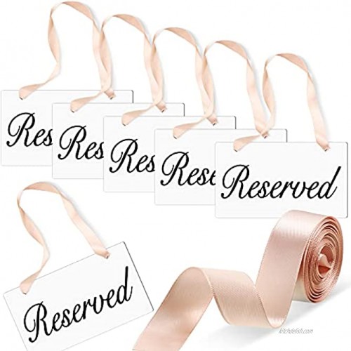 Blulu 6 Pieces Wooden Reserved Signs Hanging White Wood Signs Wedding Chair Seating Handmade Signage Rustic Style Wood Signs 1 roll Light Coffee Color Ribbon for Wedding and Restaurant Use