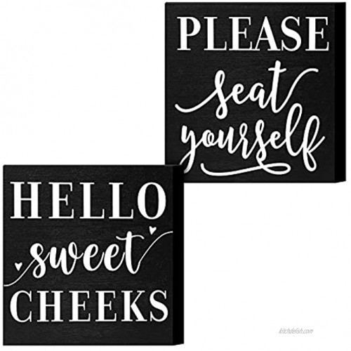 Youyole 2 Pieces Farmhouse Funny Bathroom Signs Hello Sweet Cheeks Wooden Signs Please Seat Yourself Wooden Plaque 6 x 6 Inch Black Wooden Box Sign with Funny Saying for Home Decoration