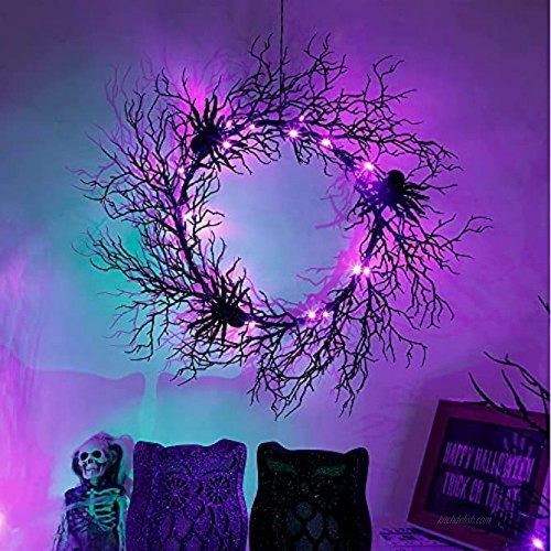 Adroiteet Halloween 24 Inch Black Spider Artificial Wreath with Purple Lights Spooky Front Door Decorations for Indoor Outdoor Holiday Party
