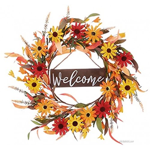 Fall Flower Wreath,20” Artificial Autumn Wreath with Burgundy Orange Yellow Daisies Fall Front Door Wreath with Wooden Welcome Sign for Home Farmhouse Decor and Thanksgiving Day Celebration
