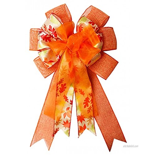 Fall Wreath Bow Large Thanksgiving Wreath Bow Orange Burlap Maple Leaves Pattern Gift Bow Tree Topper for Fall Thanksgiving Halloween Christmas Front Door Wreath Home Indoor Outdoor Decorations