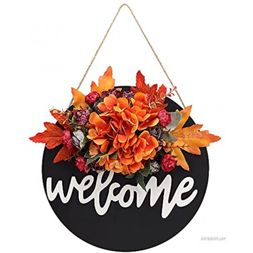 Fall Wreaths Hanging Sign Decor for Front Door Round Wood Welcome Signs for Front Porch Farmhouse Rustic Hydrangea Wreath Home Wall Decor