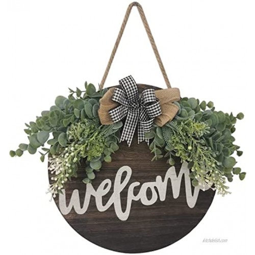 Loyalpart Wreaths for Front Door Decor Spring Welcome Sign Wreath for Front Door Outside Wall Decorations Hanging Outdoor Eucalyptus Boxwood Farmhouse Wreath for Spring and Summer Coffee