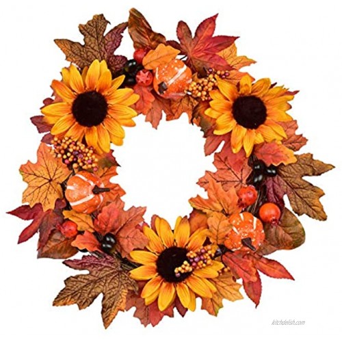 LSKYTOP Artificial Sunflower Fall Maple Leave Wreath 16 Autumn Door Wreath for Fall and Thanksgiving Festival Decor