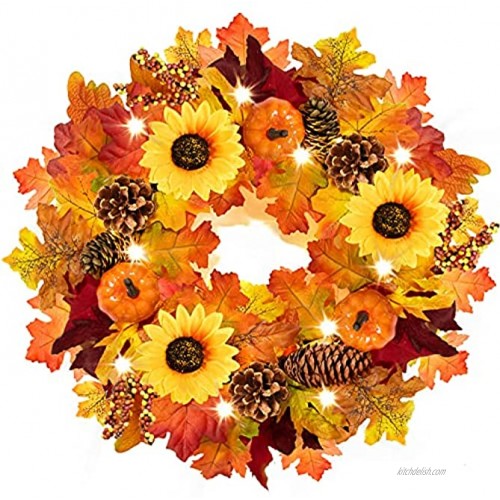 Rocinha Pre-lit Fall Wreath for Front Door 18 Inches Autumn Wreath with Timer 20 LEDs Maples Leaf Pumpkin Pine Cone Berry Sunflower Harvest Thanksgiving Decorations Fall Decorations for Home