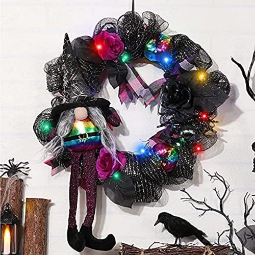 S-DEAL Artificial Wreath Halloween Witch Gnome Wreath with Light 15 Inches Mesh Wreath with Spider and Pumpkin for Front Door Hanging Wall Window Home Decorations