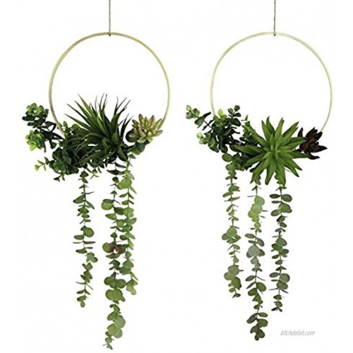 Tuokorgreen Set of 2 Artificial Succulent Hanging Plants Decor Wedding Wreath with Drooping Leaves Bamboo Floral Hoop Garland for Backdrop Nursery Wall Decoration