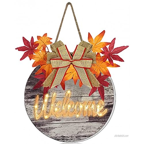 TURNMEON Prelit Fall Welcome Sign Wreath with Timer for Front Door Decor Rustic Hanging Wood Sign for Autumn Harvest Thanksgiving Door Wall Decorations Indoor Outdoor Fall Decor for Home Halloween