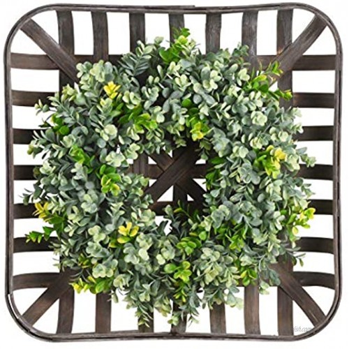 WANNA-CUL 20 Inch Artificial Green Leaves Farmhouse Boxwood Wreath with Square Tobacco Basket for Front Door Large Indoor Outdoor Fall or Autumn Door Wreath Decor for Wall or Home Decorations