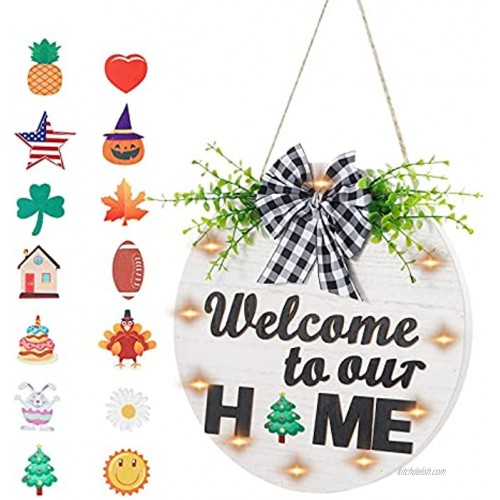 Welcome Sign for Front Door Porch Decor with 14 PCS Interchangeable Holiday Icons 12 Inch Rustic Hanging Outdoor Premium Wooden Door Decorations Outside Farmhouse Wreaths with Led Light White