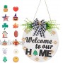 Welcome Sign for Front Door Porch Decor with 14 PCS Interchangeable Holiday Icons 12 Inch Rustic Hanging Outdoor Premium Wooden Door Decorations Outside Farmhouse Wreaths with Led Light White