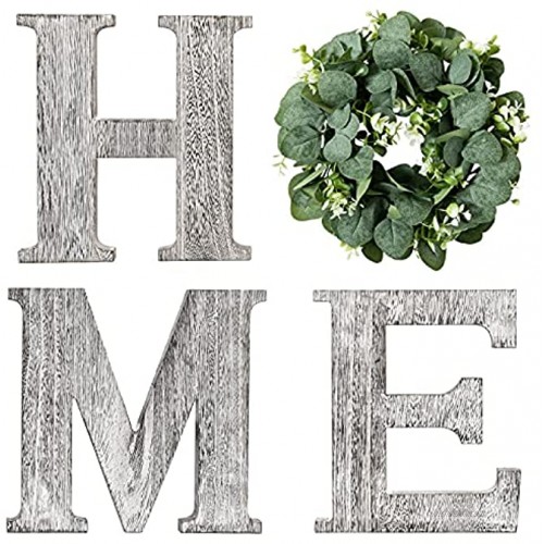 YoleShy Wooden Home Sign with Artificial Eucalyptus Wreath for O 9.8'' Home Letters with Wreath for Wall Hanging Decor Rustic Wall Letters Decor for Living Room Entry Way Kitchen Etc White