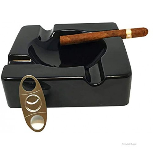 Cigar Ashtray Outdoors Ash Tray – 8.5 inch Ceramic Ashtrays Bundled with Cigar Cutter Stainless Steel – Black Glossy Cigar Rest for Indoor Outdoor Patio Home Office Use – Cigar Accessories Gifts