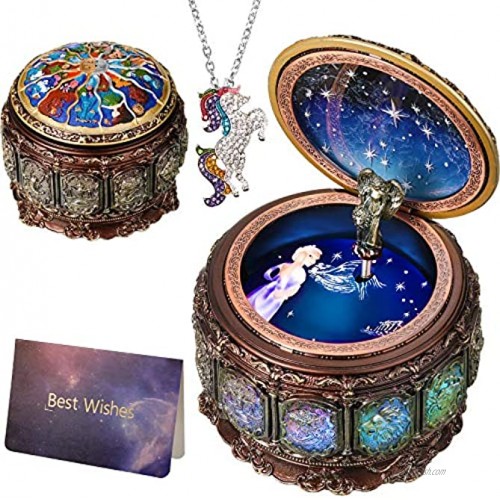 EBOOT Vintage Music Box with Unicorn Necklace 12 Constellations Rotating Goddess LED Lights Twinkling Retro Resin Carved Mechanism Musical Box with Card of The Zodiac for Birthday