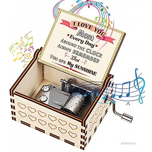 Music Box Gift for Mom from Daughter Son You are My Sunshine Hand Crank Wooden Vintage Laser Engraved Personalized Musical Boxes Cute Present for Mother's Day Birthday Christmas Valentine's Day