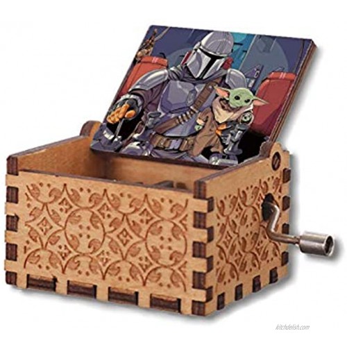 VINMEN Mandalorian Wooden Music Box Hand Crank Carved Musical Box Gifts for Birthday Hand-Operated Toys for Kids Boys Girls