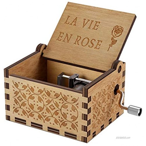 Wood Music Boxes- La Vie En Rose Carved Hand Crank Musical Box Wooden Classic Handmade Engraved Valentines Birthday Gift for Kids Boys Girls Friends La Vie En Rose