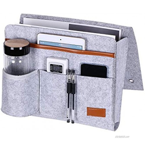 BEWISHOME Bedside Caddy Felt Hanging Storage Organizer Bedside Storage Organizer with 5 Pockets for Holding Laptop Magazines Water Bottle and Remotes Light Grey FCD01W