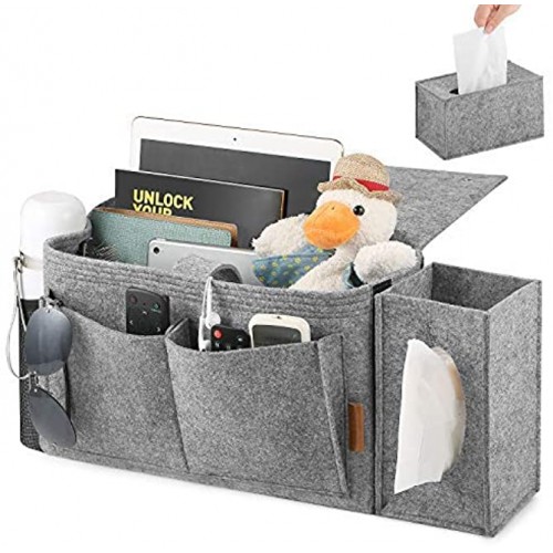 FOREGOER Bedside Caddy Felt Bed Caddy Hold Up to 20 Lbs with 8 Pockets 5MM Thick Felt Four Easy Ways of Installation Perfect for Sofa Dorm Bed Bunk BedGrey