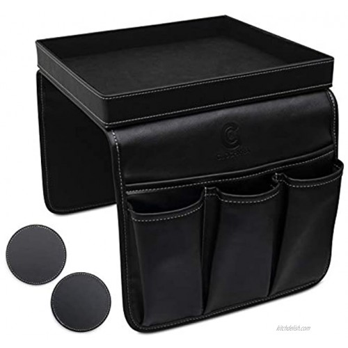 GLOCHYRA Sofa Armrest Organizer PU Leather- Remote Control Holder for Recliner 5 Pockets Armchair Caddy for Magazines Phone iPad with Detachable Arm Tray- Comes with 2 Piece Coaster Black
