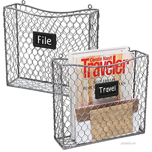 Gray Metal Wall-Mounted Magazine & File Holder Baskets with Chalkboard Label Set of 2