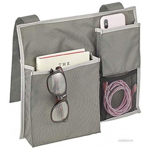 mDesign Bedside Long Storage Organizer Caddy Pocket Slim Space Saving Design 3 Pockets Holds Water Bottles Books Magazines Gray