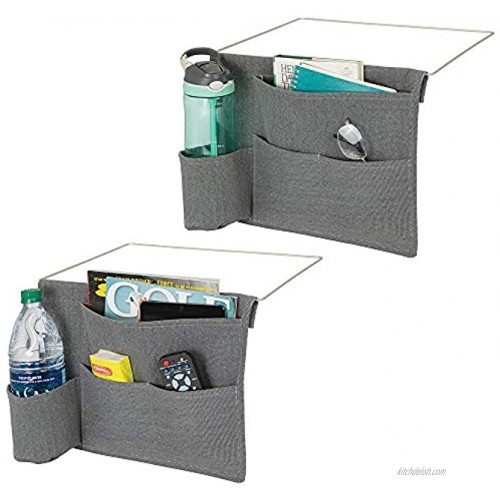mDesign Bedside Storage Organizer Caddy Pocket Slim Space Saving Design 4 Pockets Heavy Cotton Canvas Holds Water Bottles Books Magazines 2 Pack Charcoal Gray Wire Insert in Satin