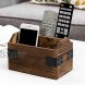 MyGift 2-Slot Rustic Dark Brown Burnt Solid Wood Remote Control Holder Caddy with Black Metal Wrap Accents