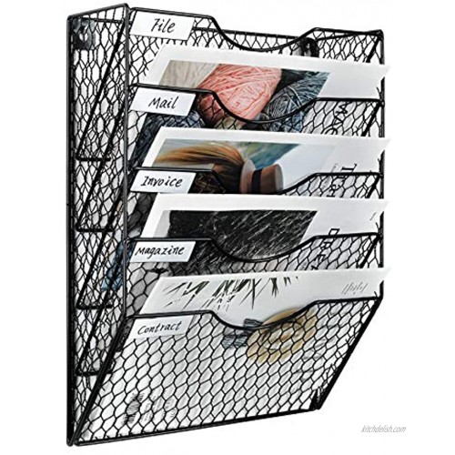 PAG 5-Tier Hanging File Holder Organizer Metal Chicken Wire Wall Mounted Mail Sorter for Office Black