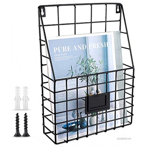 WantuSee Metal Wire Wall Mounted Magazine Holder Wall Hanging Organizer Holder for Files Newspapers Magazines with Tag Slot for Office Home Organization Black