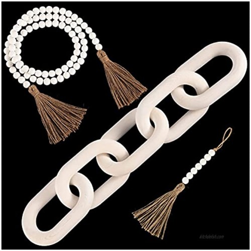 3 Pack Decorative Wooden Link Chain Bead Garland Set- Handmade 5-Link Pinewood Chain+ 2pcs Hand Carved Bead Garland with Tassel Modern Aesthetic Hanging Ornaments for Boho Farmhouse Home DecorWhite